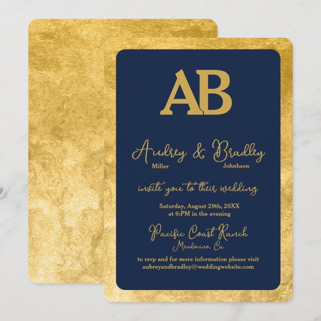 Navy Gold 2 Letter Monogram Wedding Invitation (Front/Back)