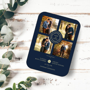 Navy Gold 4 Photos Modern Collage Wedding Script Magnet