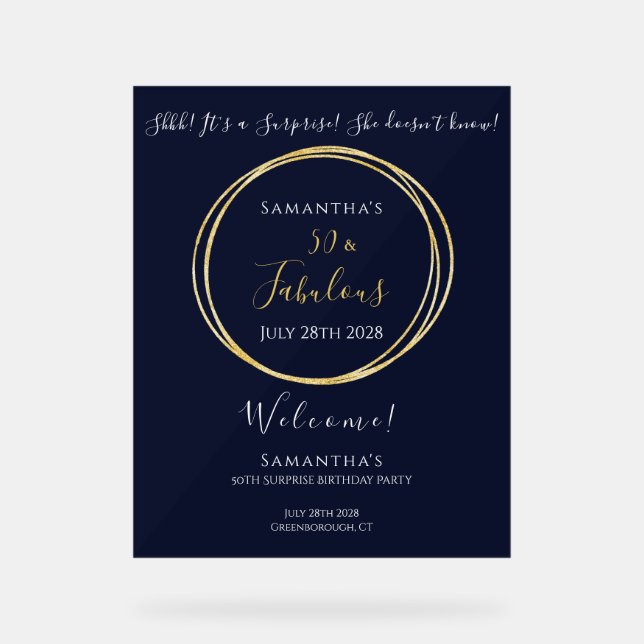  Navy Gold 50th Surprise Birthday Welcome Acrylic Sign (Front)