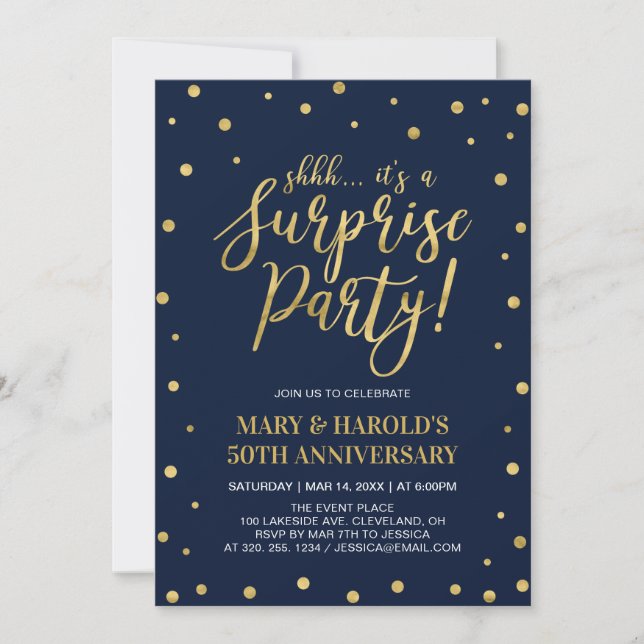 Navy & Gold | 50th Surprise Wedding Anniversary Invitation (Front)