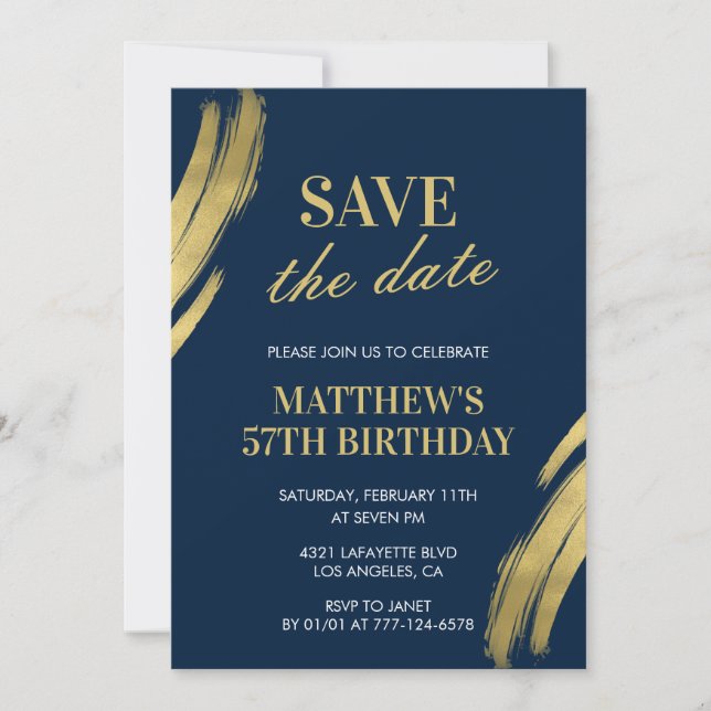 Navy Gold 57th birthday invitations Save the date (Front)