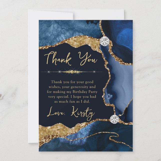 Navy Gold Agate Geode Birthday Thank You Card (Front)