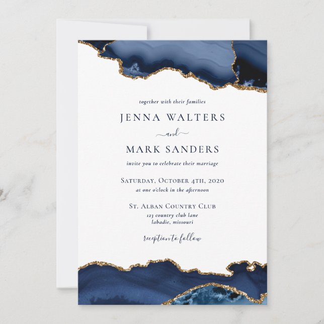 Navy Gold Agate Geode Gemstone Wedding Invitation (Front)