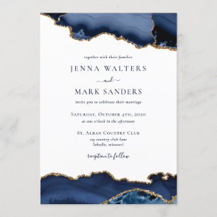 Navy Gold Agate Geode Gemstone Wedding Invitation