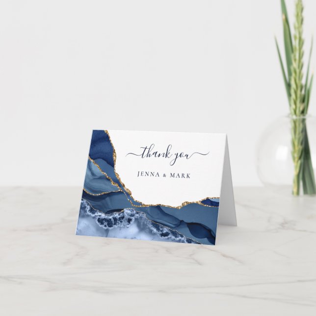 Navy Gold Agate Geode Marble Thank You Card (Front)
