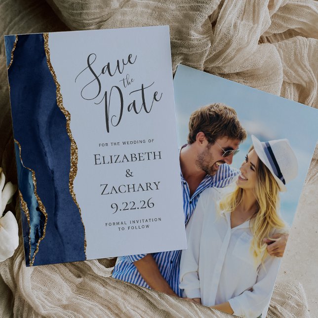 Navy Gold Agate Pale Blue Photo Save the Date Invitation (Creator Uploaded)