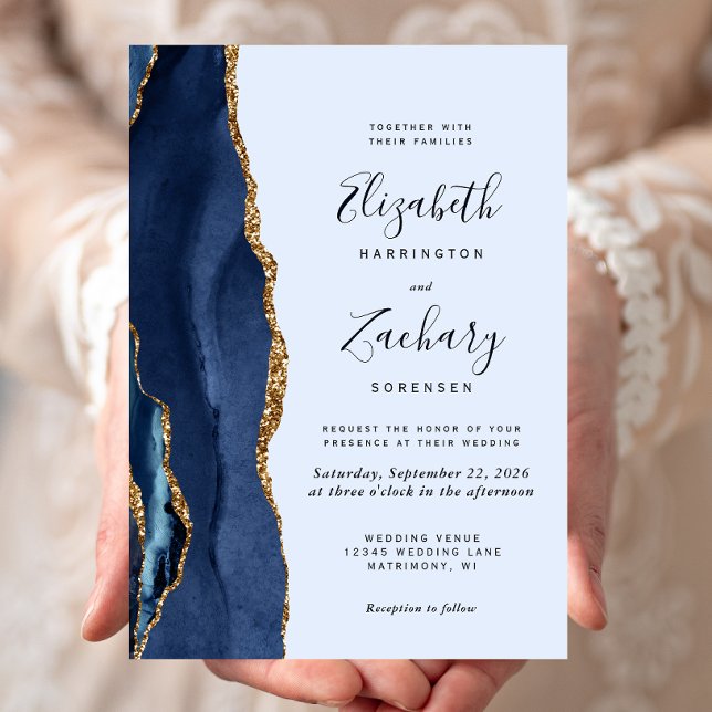 Navy Gold Agate Pale Blue Wedding Invitation (Creator Uploaded)