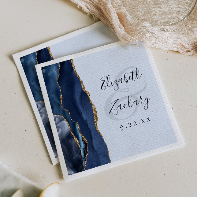 Navy Gold Agate Pale Blue Wedding Napkin (Creator Uploaded)