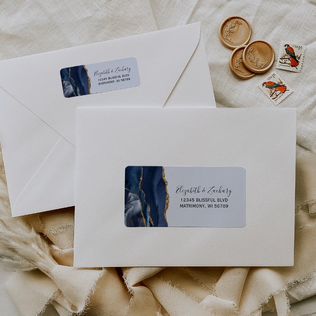 Navy Gold Agate Pale Blue Wedding Return Address (Creator Uploaded)