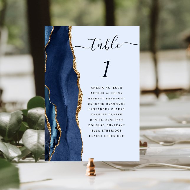 Navy Gold Agate Pale Blue Wedding Table Number (Creator Uploaded)