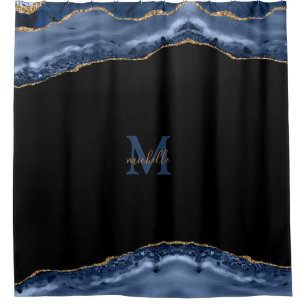 Navy & Gold Agate Personalised Monogram Shower Curtain