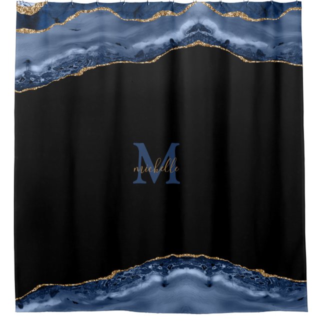 Navy & Gold Agate Personalised Monogram Shower Curtain (Front)
