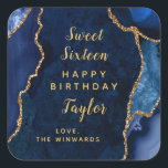Navy Gold Agate Sweet Sixteen Happy Birthday Square Sticker<br><div class="desc">This elegant and glamourous sticker can be personalised with a name or title such as daughter,  granddaughter,  niece,  friend etc. The design features a navy blue agate marble background with faux gold glitter accents. The text combines handwritten script and modern sans serif fonts for a classy and sophisticated look.</div>