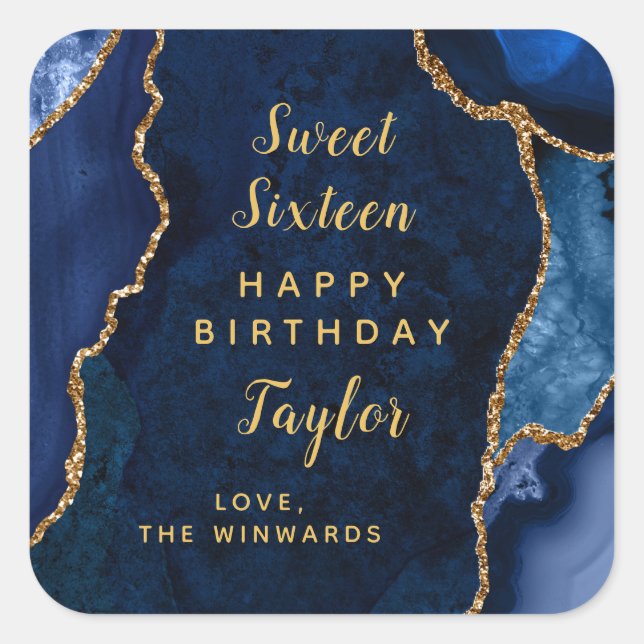Navy Gold Agate Sweet Sixteen Happy Birthday Square Sticker (Front)