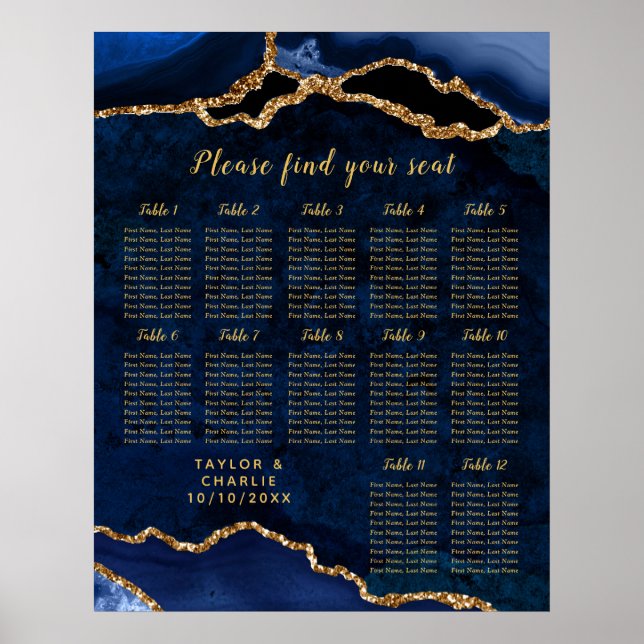 Navy Gold Agate Wedding Seating Chart 12 Table (Front)
