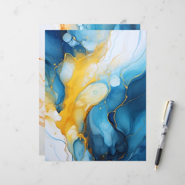 Navy & Gold Alcohol Ink Paper Craft Cardstock (Front/Back In Situ)