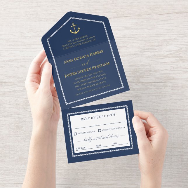 Navy Gold Anchor Nautical Wedding  All In One Invitation (Tearaway)