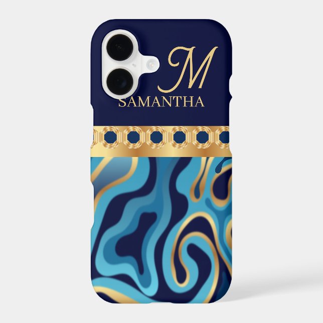 Navy, Gold And Blue Marble Effect Geometric iPhone Case (Back)