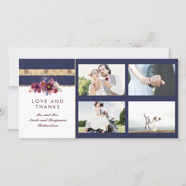 Navy Gold and Burgundy Floral Wedding Thank You (Front)