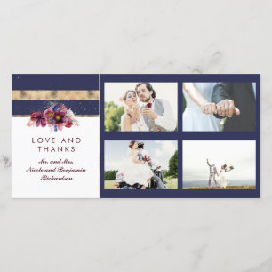 Navy Gold and Burgundy Floral Wedding Thank You Card