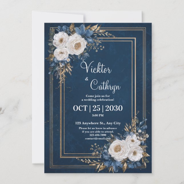 Navy Gold and Ivory Floral Wedding Invitation (Front)