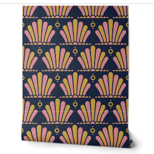Navy, Gold and Rose Art Deco Plume Fan Wallpaper
