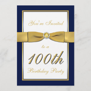Navy, Gold, and White 100th Birthday Invitation