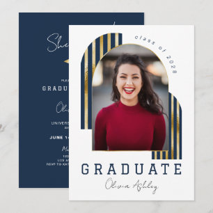 Navy Gold Arch Photo Graduation Invitation