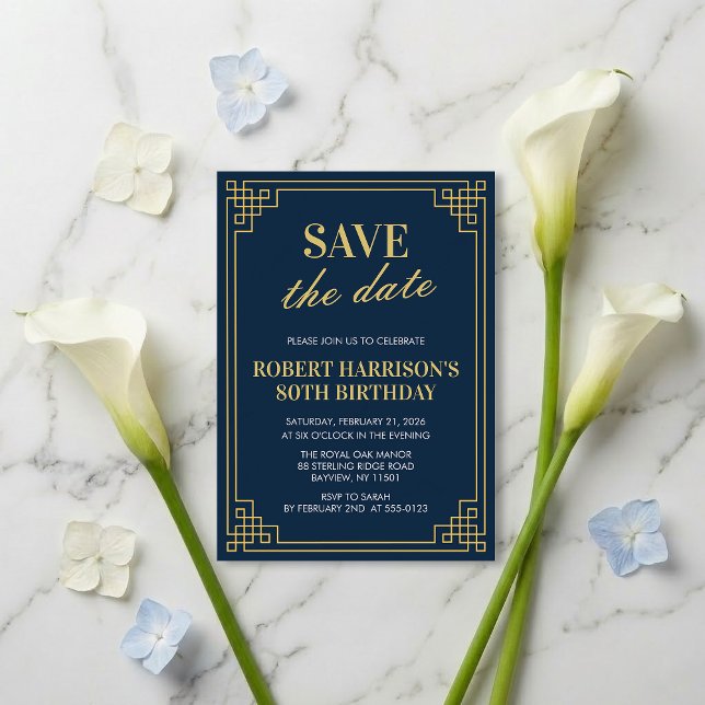 Navy Gold Art Deco 80th Birthday Save the Date Invitation (Creator Uploaded)