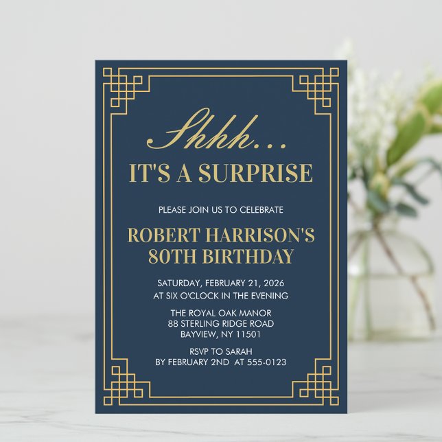 Navy Gold Art Deco 80th Birthday Surprise Party Invitation (Creator Uploaded)