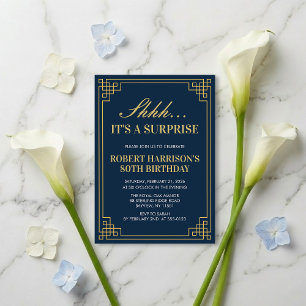 Navy Gold Art Deco 80th Birthday Surprise Party Invitation