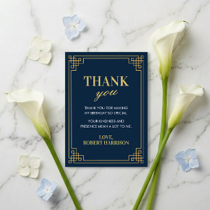 Navy Gold Art Deco 80th Birthday Thank You Card