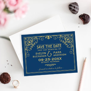 Navy Gold Art Deco Frame Wedding Save The Date