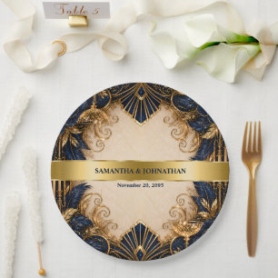 Navy gold art deco gatsby wedding dinner paper plate