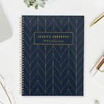 Navy Gold Art Deco Leaf Personalised Planner<br><div class="desc">Custom-designed personalised planner featuring modern and elegant golden leaves art deco pattern design. Personalise with your name for a modern and stylish planner notebook.</div>