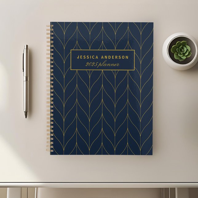 Navy Gold Art Deco Leaf Personalised Planner (Creator Uploaded)