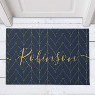 Navy Gold Art Deco Leaf Personalized Family Name Doormat