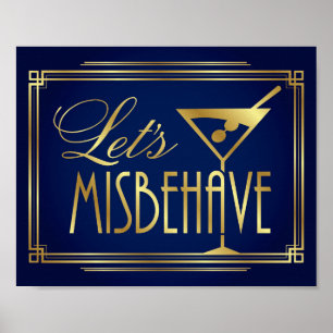 Navy Gold Art Deco LET'S MISBEHAVE Sign Print