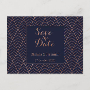 Navy Gold Art Deco Pattern Save the Date Postcard