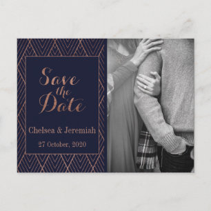 Navy Gold Art Deco Photo Save the Date Postcard