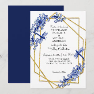 Navy Gold Asian Dragonfly China Floral Watercolor Invitation