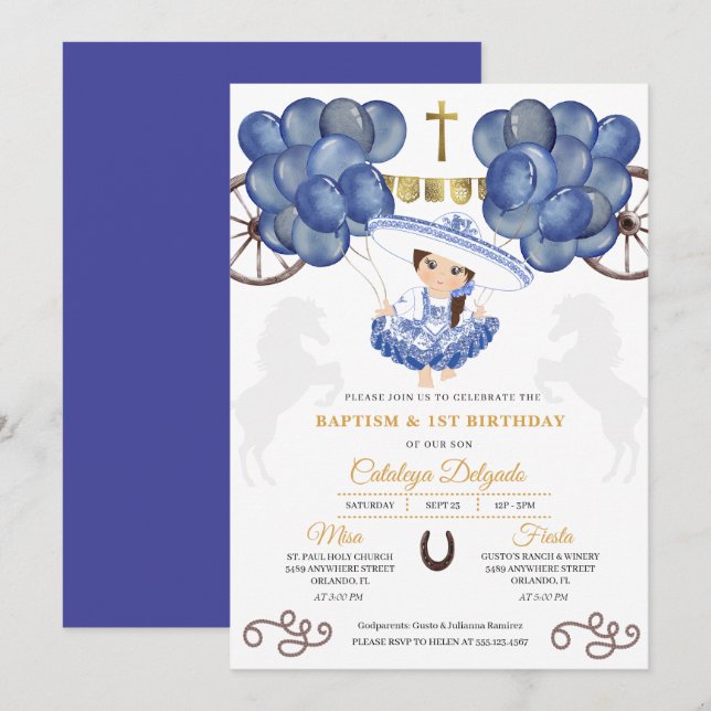 Navy & Gold Baby Charra Mexican Balloons Baptism Invitation (Front/Back)