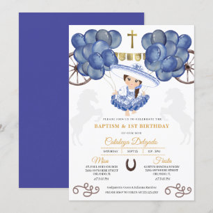 Navy & Gold Baby Charra Mexican Balloons Baptism Invitation