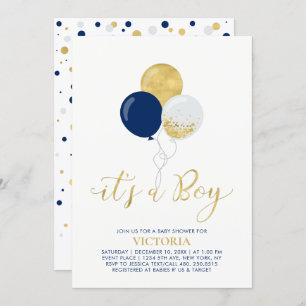 Navy & Gold Balloons   It's a Boy Baby Shower Invitation