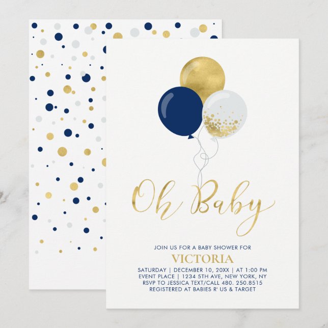 Navy & Gold Balloons | Oh Baby Boy Baby Shower Invitation (Front/Back)