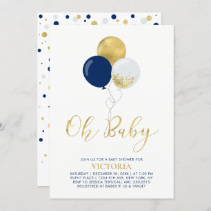 Navy & Gold Balloons   Oh Baby Boy Baby Shower Invitation