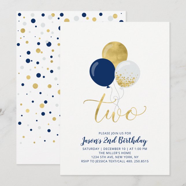 Navy & Gold Balloons | Two 2nd Boy Birthday Invitation (Front/Back)