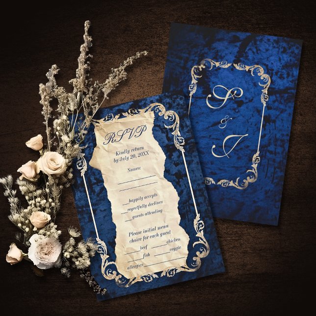 Navy Gold Baroque Elegant Luxury Wedding RSVP Card (Creator Uploaded)