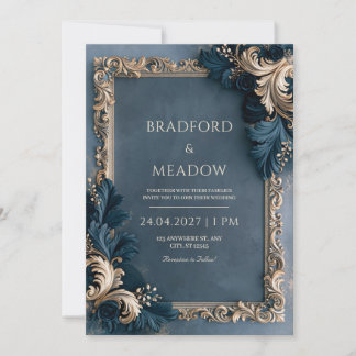 Navy Gold Baroque Floral Wedding Invitation