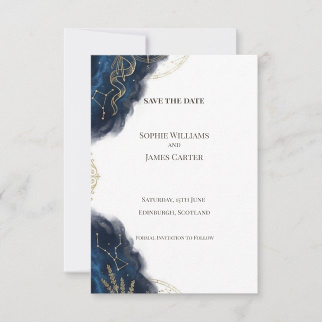 Navy Gold Baroque Save The Date Card (Front)